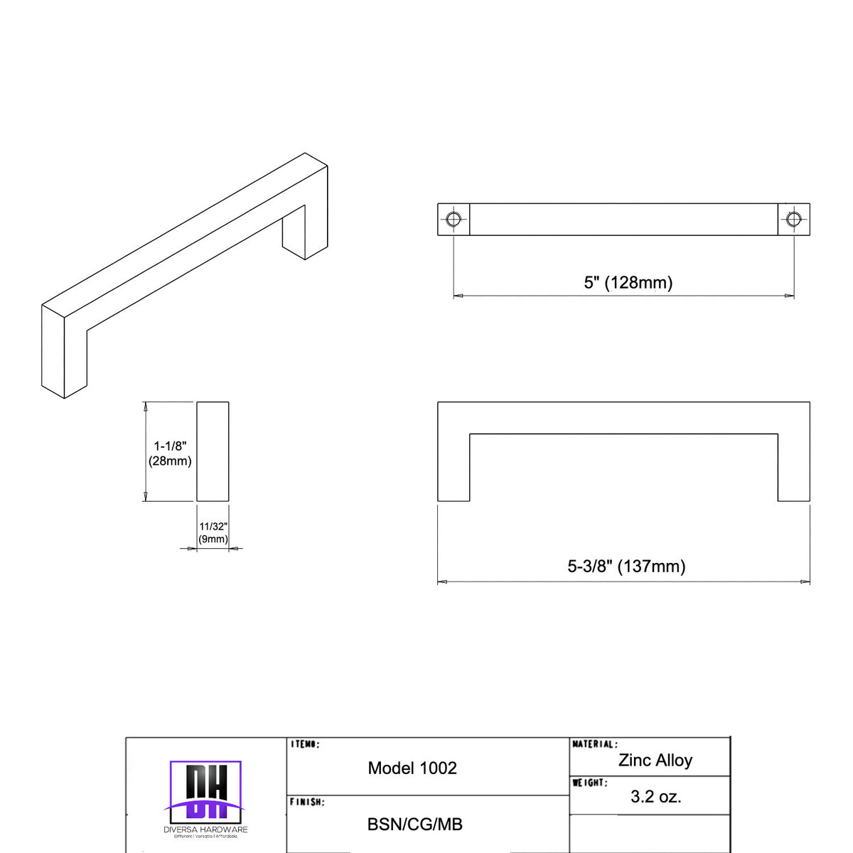 Diversa Brushed Gold 5" (128mm) Square Edge Solid Cabinet Bar Pull
