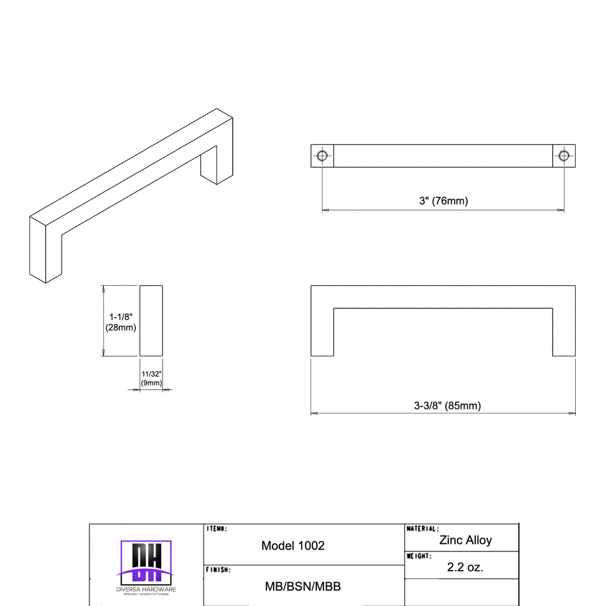 Diversa Brushed Gold 3" (76mm) Square Edge Solid Bar Pull