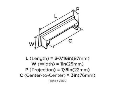 Diagram of dimensions of oil rubbed bronze drawer pull with rectangular shape and three inch hole spacing