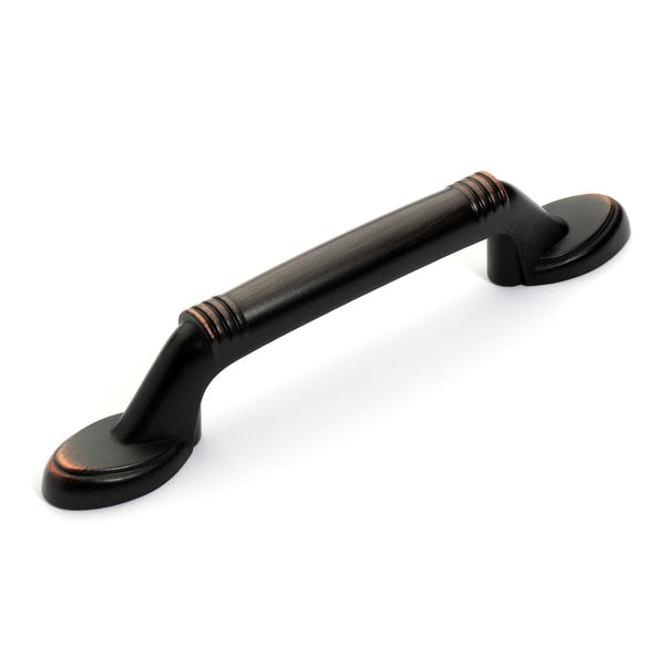 Three inch hole spacing oil rubbed bronze drawer pull with plate legs and lines accent on each side
