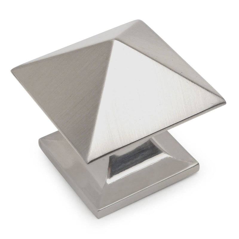 Satin nickel pyramid cabinet knob with one and a quarter inch width