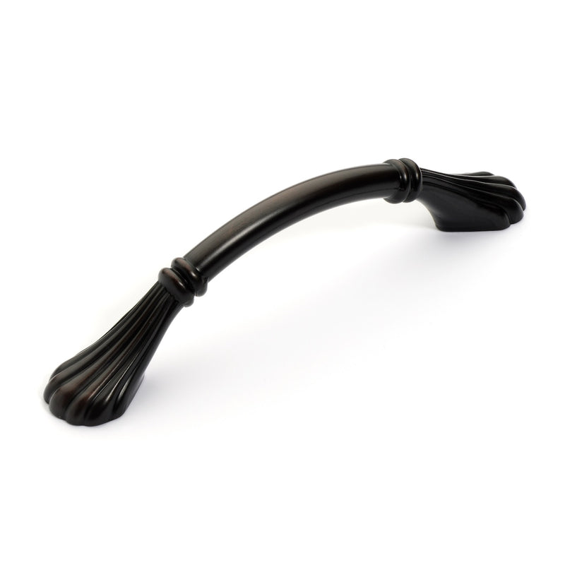 Oil rubbed bronze cabinet pull with sea shell shaped legs and three inch hole spacing