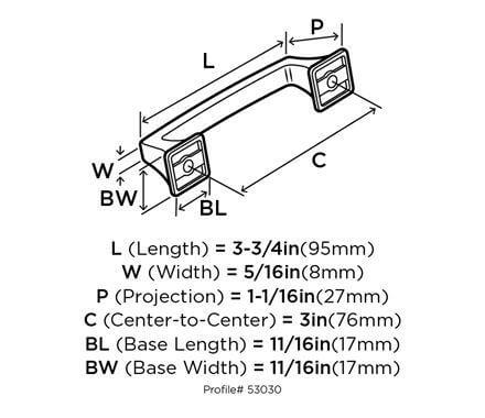 Diagram of dimensions of cabinet pull in satin nickel finish with slightly raised rectangle on the centre