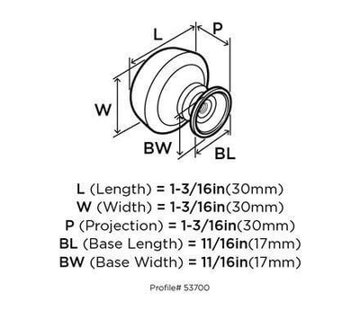 Diagram of dimensions of satin nickel cabinet knob with slight circular accent