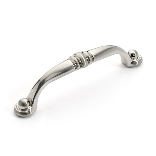 Round legs cabinet pull in satin nickel finish with three and three quarters inch hole spacing