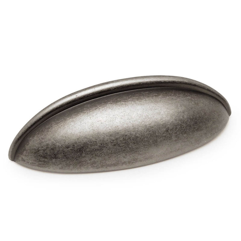 Drawer cup pull in weathered nickel finish with two and a half inch hole spacing