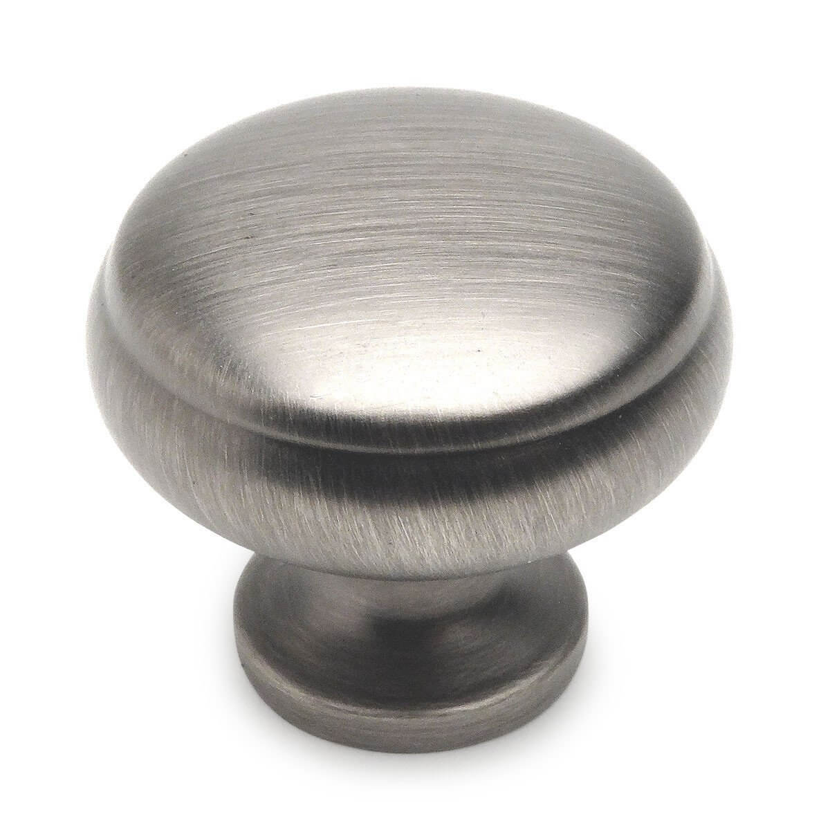 Antique silver round drawer knob with subtle beveled lip on the top