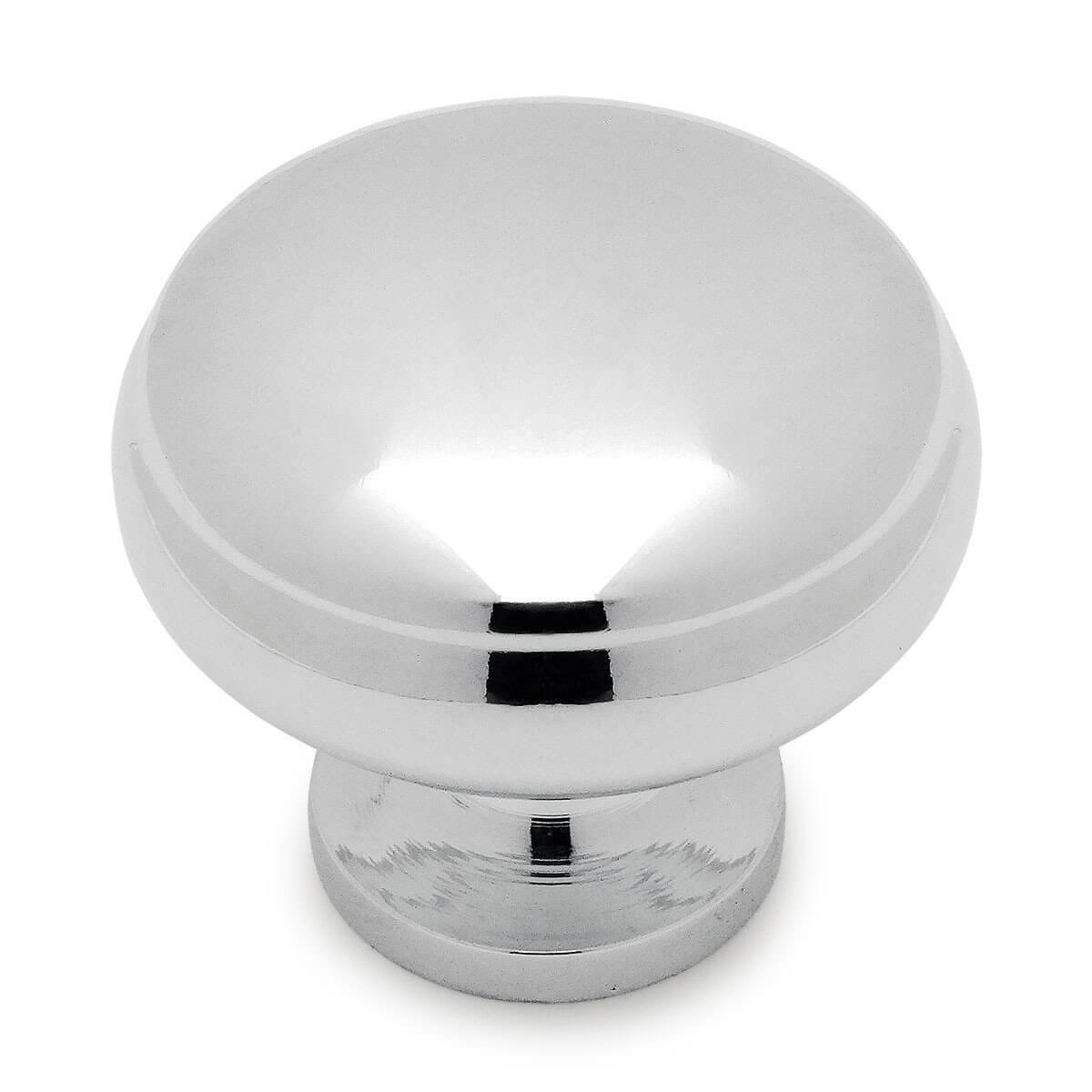 Beveled lip design cabinet knob in polished chrome finish with one and three sixteenths inch diameter
