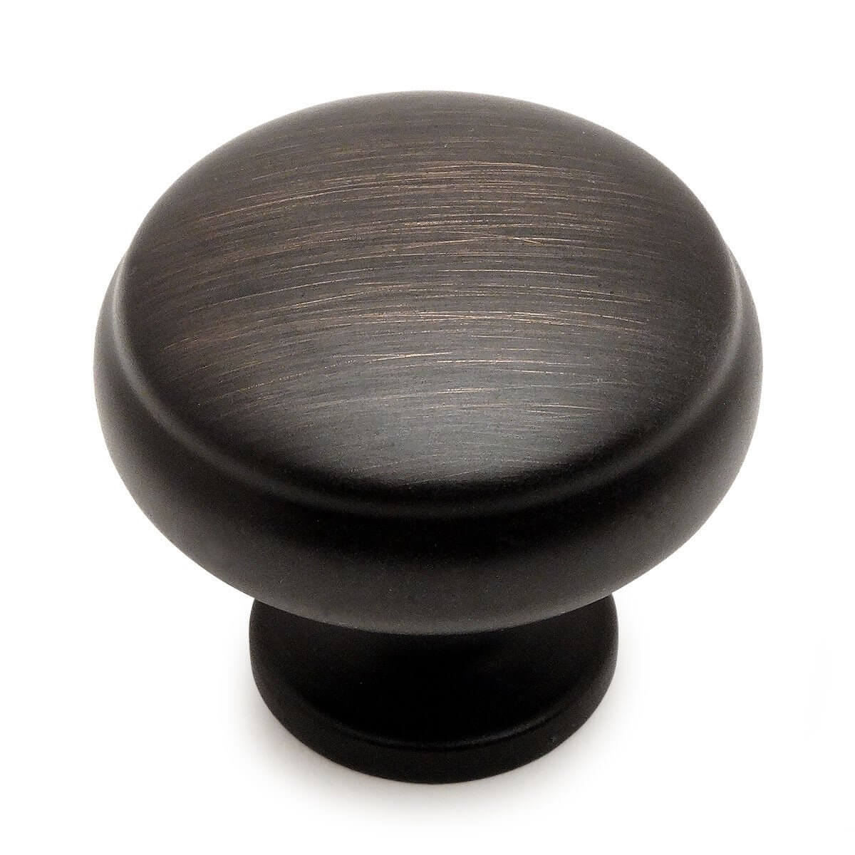 Oil rubbed bronze round cabinet drawer knob with subtle beveled lip on the top and one and three sixteenths inch diameter