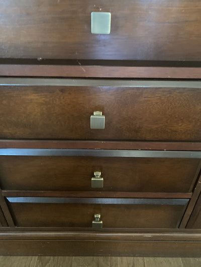 Wood dresser renovation features 1480BAB square brushed antique brass knobs. Cosmas 1480BAB Brushed Antique Brass Modern Contemporary Square Cabinet Knob