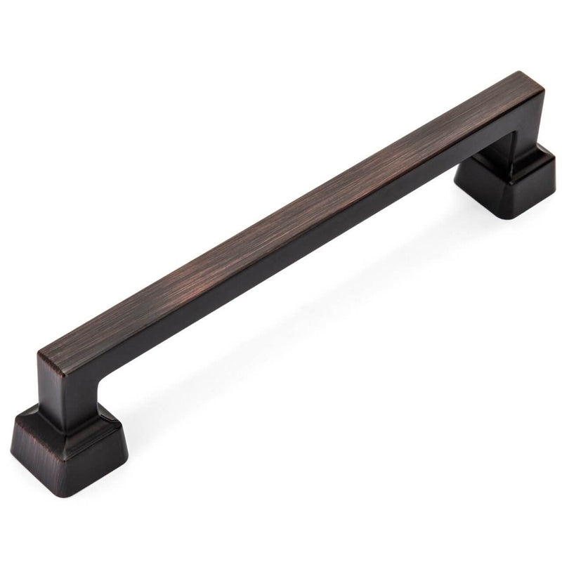 Oil rubbed bronze rigid style drawer pull with six and five sixteenths inch hole spacing