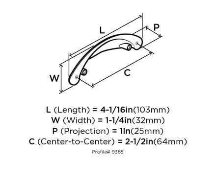 Diagram of dimensions of furniture cup pull in satin nickel finish with two and a half inch hole spacing