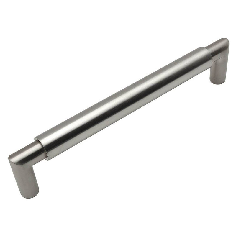 Double cylinder design drawer pull in satin nickel with six and five sixteenths inch hole spacing