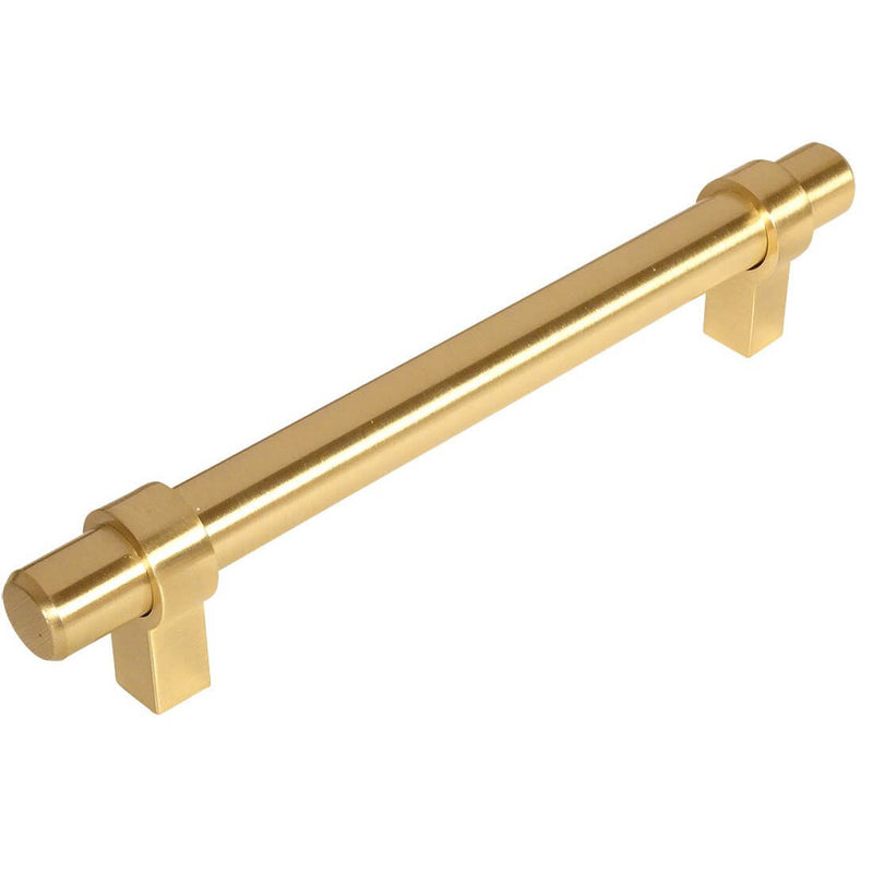 Brushed brass euro style bar pull with six and five sixteenths inch hole spacing