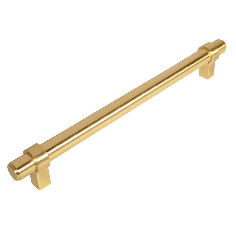 Brushed brass euro style bar pull with eight and seven eighths inch hole spacing