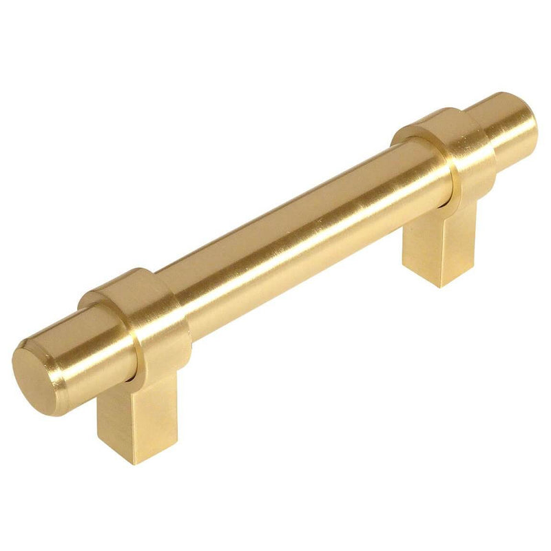 Brushed brass euro style bar pull with three and a half inch hole spacing