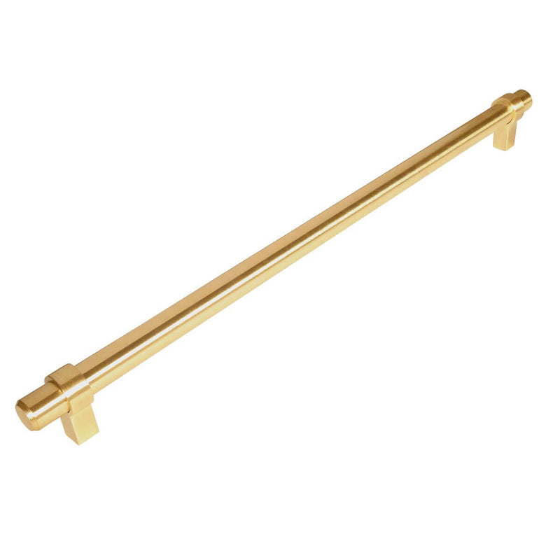 Brushed brass euro style bar pull with twelve and five eighths inch hole spacing