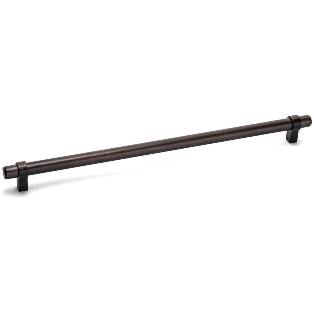 Oil rubbed bronze euro style bar pull with twelve and five eighths inch hole spacing
