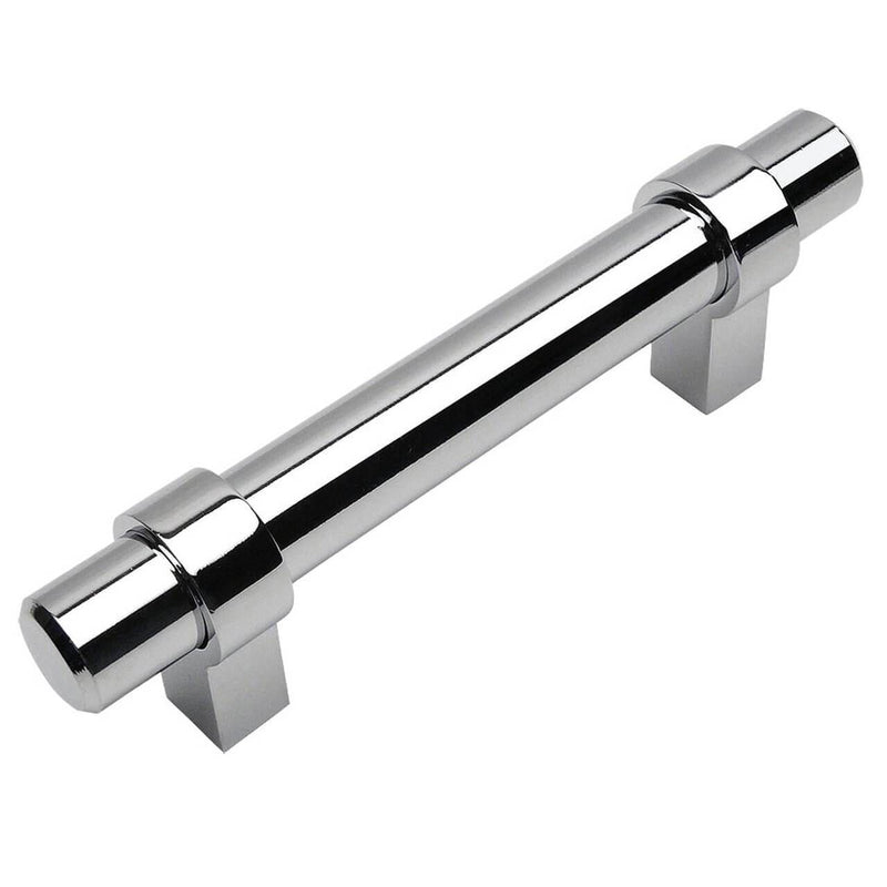 Polished chrome euro style bar pull with three and three quarters inch hole spacing