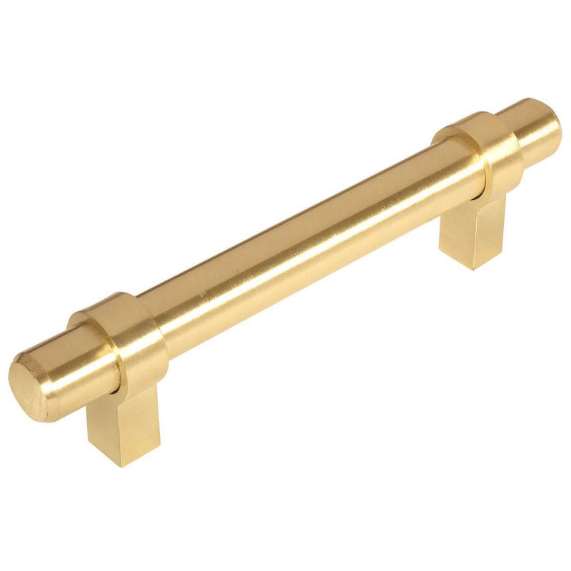 Brushed brass euro style bar pull with three and three quarters inch hole spacing