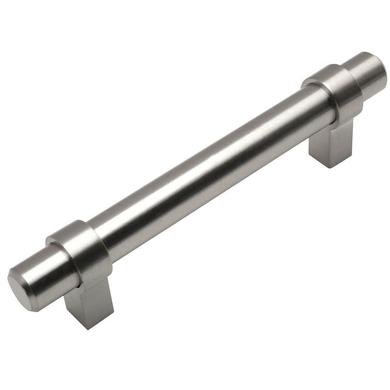 Satin nickel euro style bar pull with three and three quarters inch hole spacing