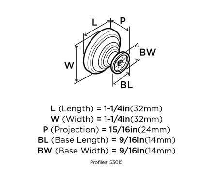 Diagram of dimensions of polished chrome round cabinet pull with one and a quarter inch hole spacing