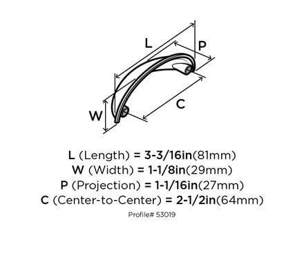 Diagram of dimensions of cabinet cup knob in satin nickel finish with two and a half inch hole spacing