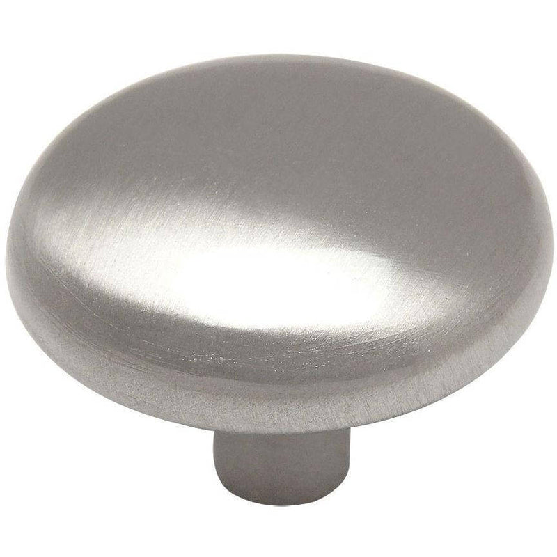 Satin nickel mushroom drawer knob with one and an eighth inch diameter