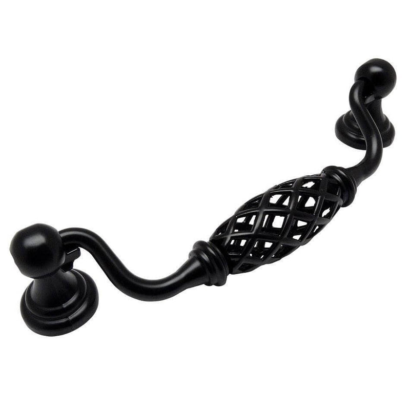 Flat black birdcage cabinet handle with five inch hole spacing