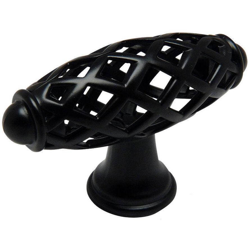 Birdcage cabinet knob in flat black finish with two and a quarter inch length