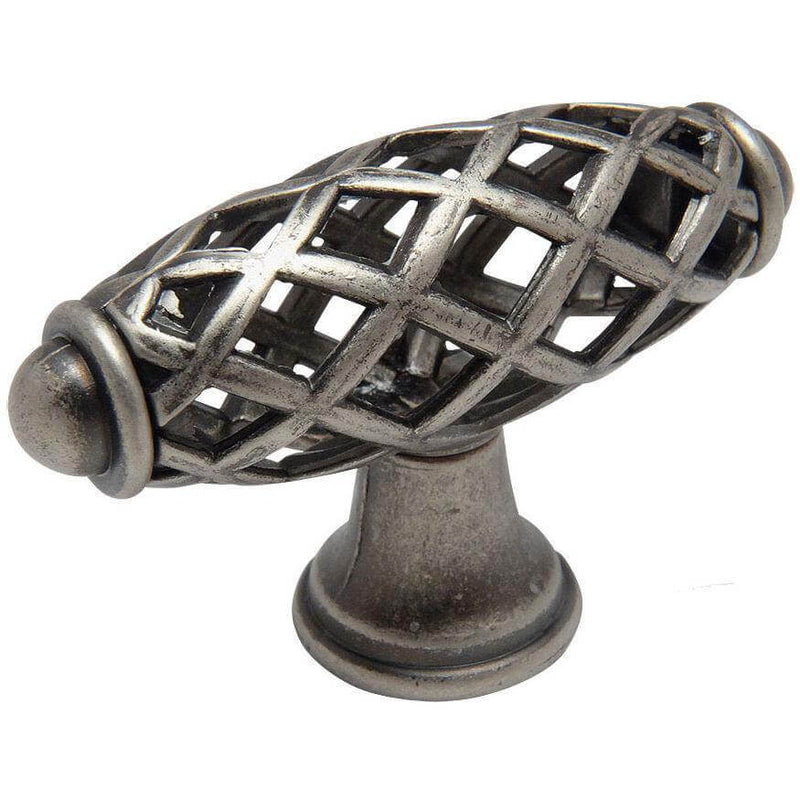 Weathered nickel cabinet knob with birdcage design and two and a quarter inch length