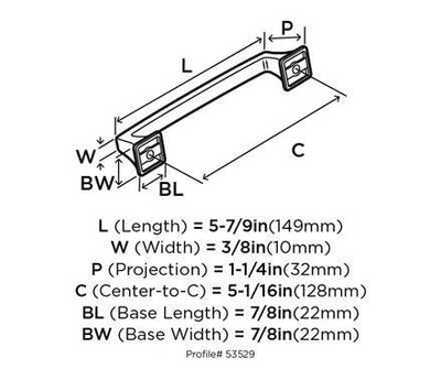 Diagram of dimensions of flare ends cabinet pull with slightly raised rectangle on the face and five inch hole spacing