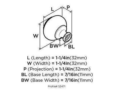 Diagram of dimensions of rope round cabinet knob in satin nickel finish with one and a quarter inch diameter