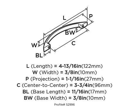 Diagram of dimensions of arch cabinet handle pull in satin nickel finish with flat design