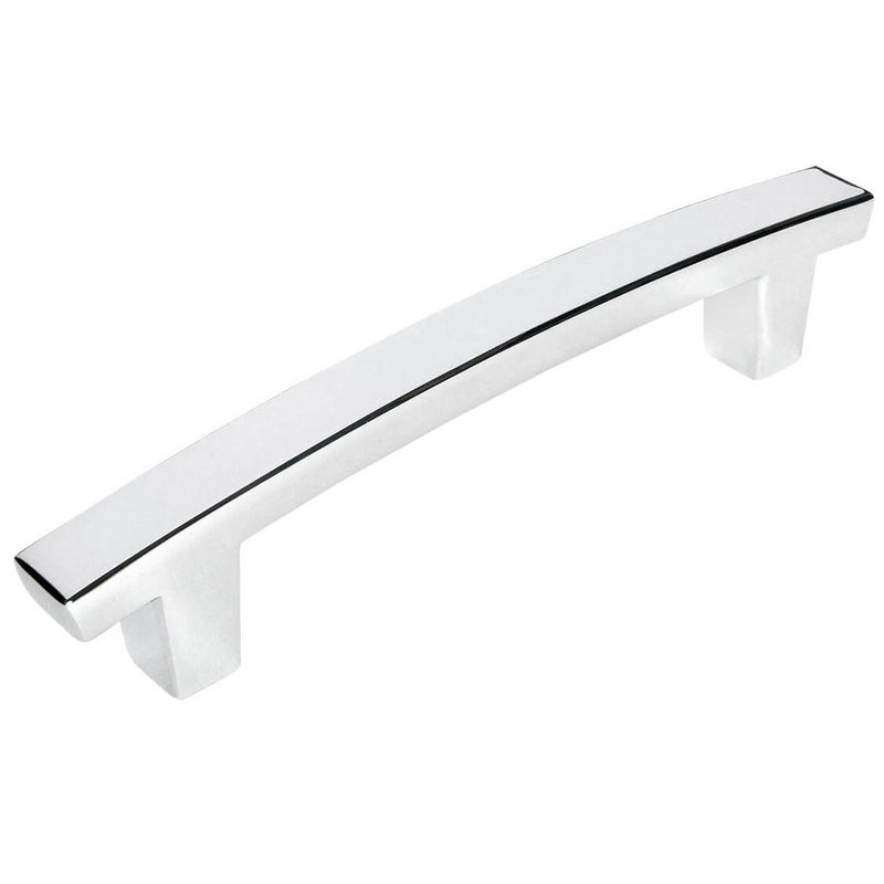 Three and three quarters inch hole spacing cabinet pull with subtle arch design in polished chrome finish