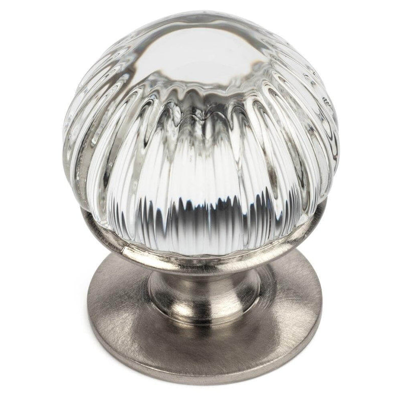 Satin nickel drawer knob with carving on all side of the glass and seven eighths inch diameter