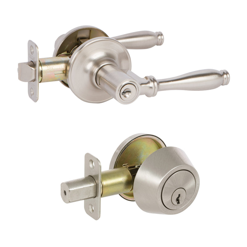 Villa Satin Nickel Entry Lever with Matching Single Cylinder Deadbolt Combo Pack