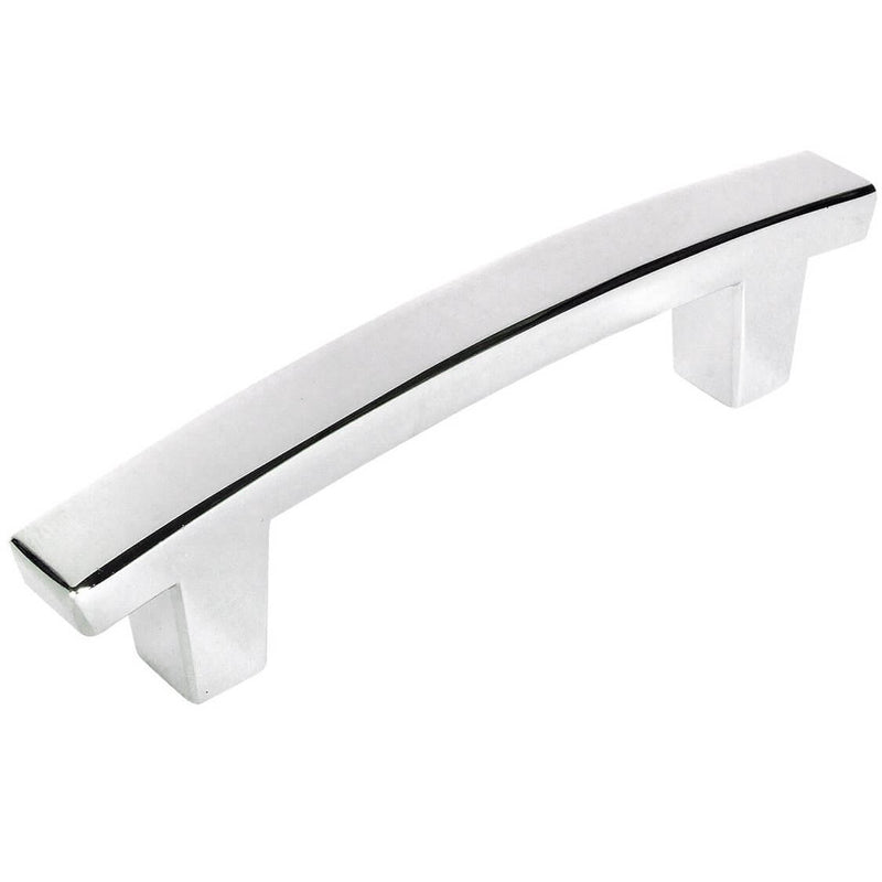 Subtle arched flat cabinet pull in polished chrome finish and three inch hole spacing