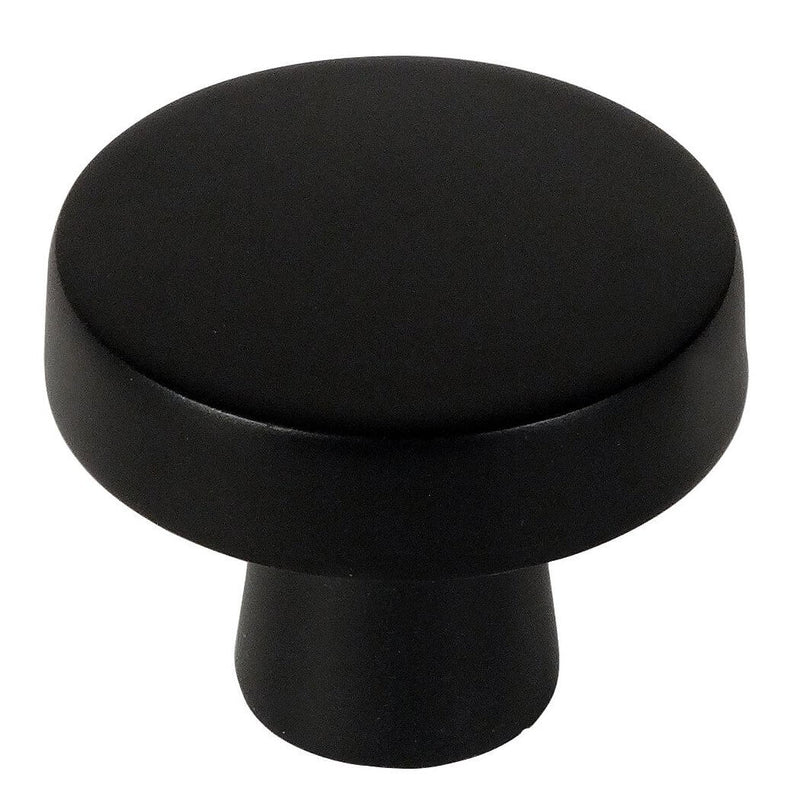 Contemporary round cabinet knob in flat black finish with one and a quarter inch diameter