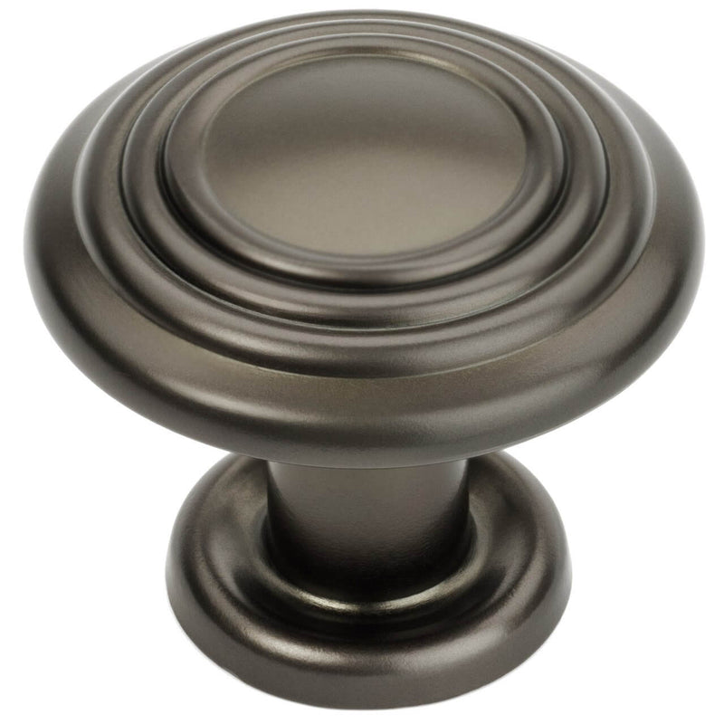 Round graphite cabinet knob with three raised rings design and one and a quarter inch diameter