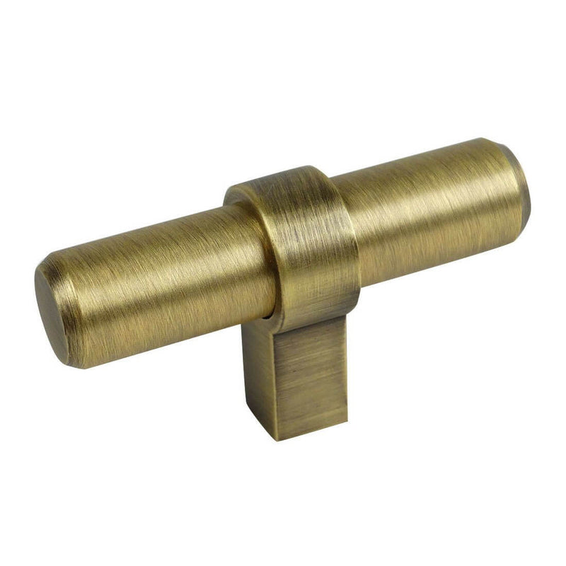 Euro style t cabinet knob in brushed antique brass finish with square leg and beveled edges