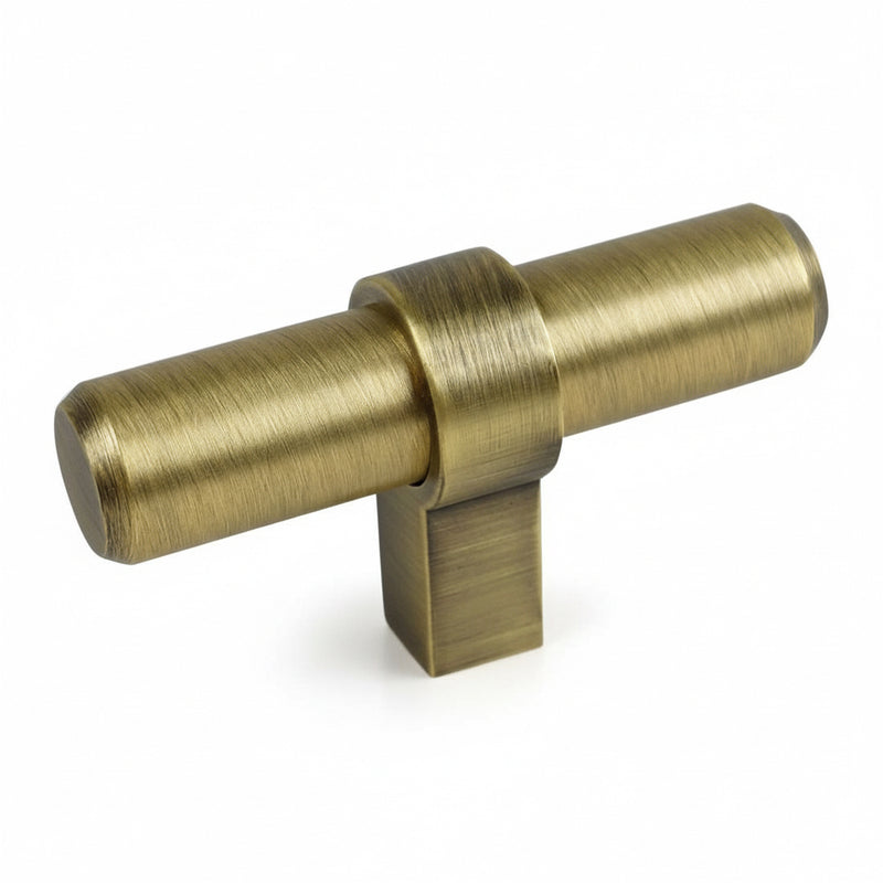 Euro style t cabinet knob in brushed antique brass finish with square leg and beveled edges