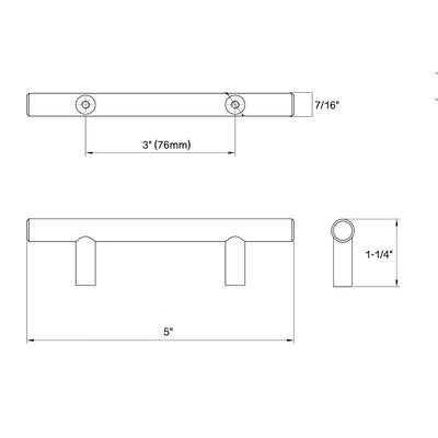 Diagram of dimensions of straight bar cabinet pull in antique brass finish with three inch hole spacing