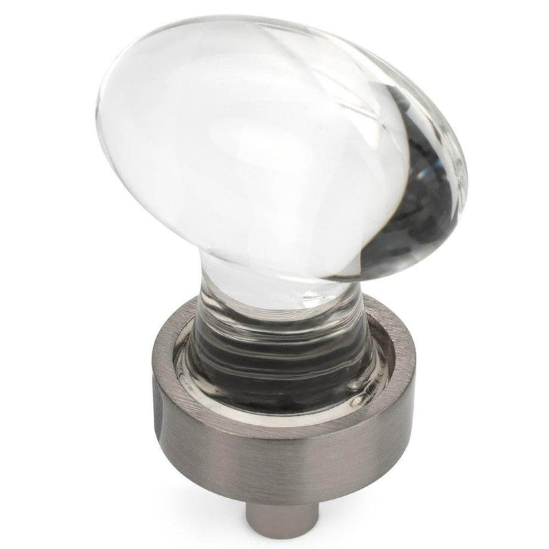 Oval clear glass cabinet knob with satin nickel finish on the base