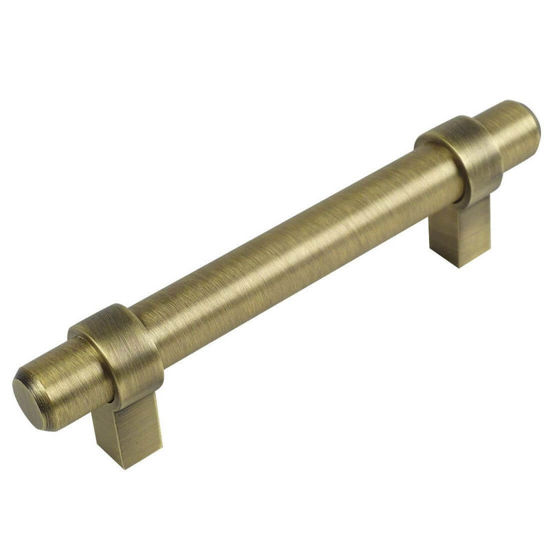 Brushed antique brass euro style bar pull with two and a half inch hole spacing