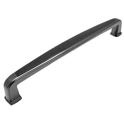 Cabinet drawer pull with a subtle wide design in black nickel finish with seven and a half inch hole spacing