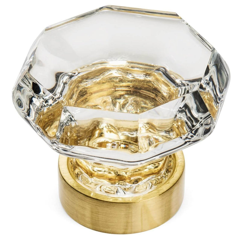 Diamond cutting drawer knob in brushed brass finish with clear glass