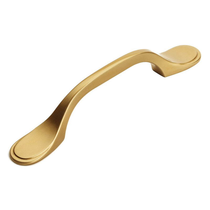 Gold champagne handle pull with three inch hole spacing and flare style 