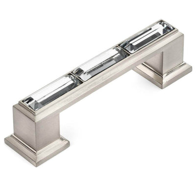 Three inch hole spacing cabinet drawer pull in satin nickel finish with clear glass diamond look