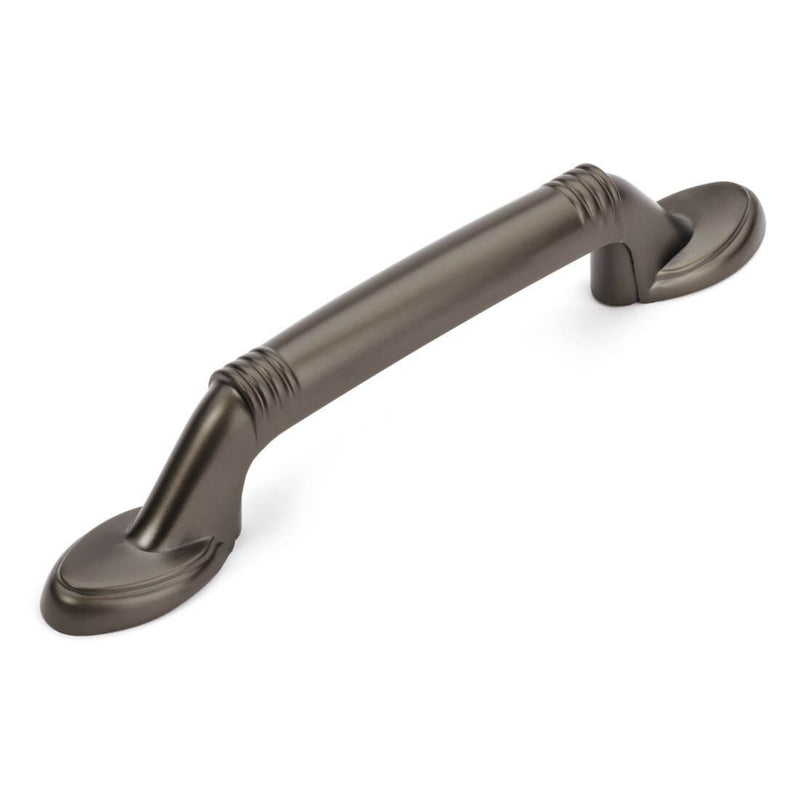 Graphite cabinet pull with four lines engraved on handle with three inch hole spacing